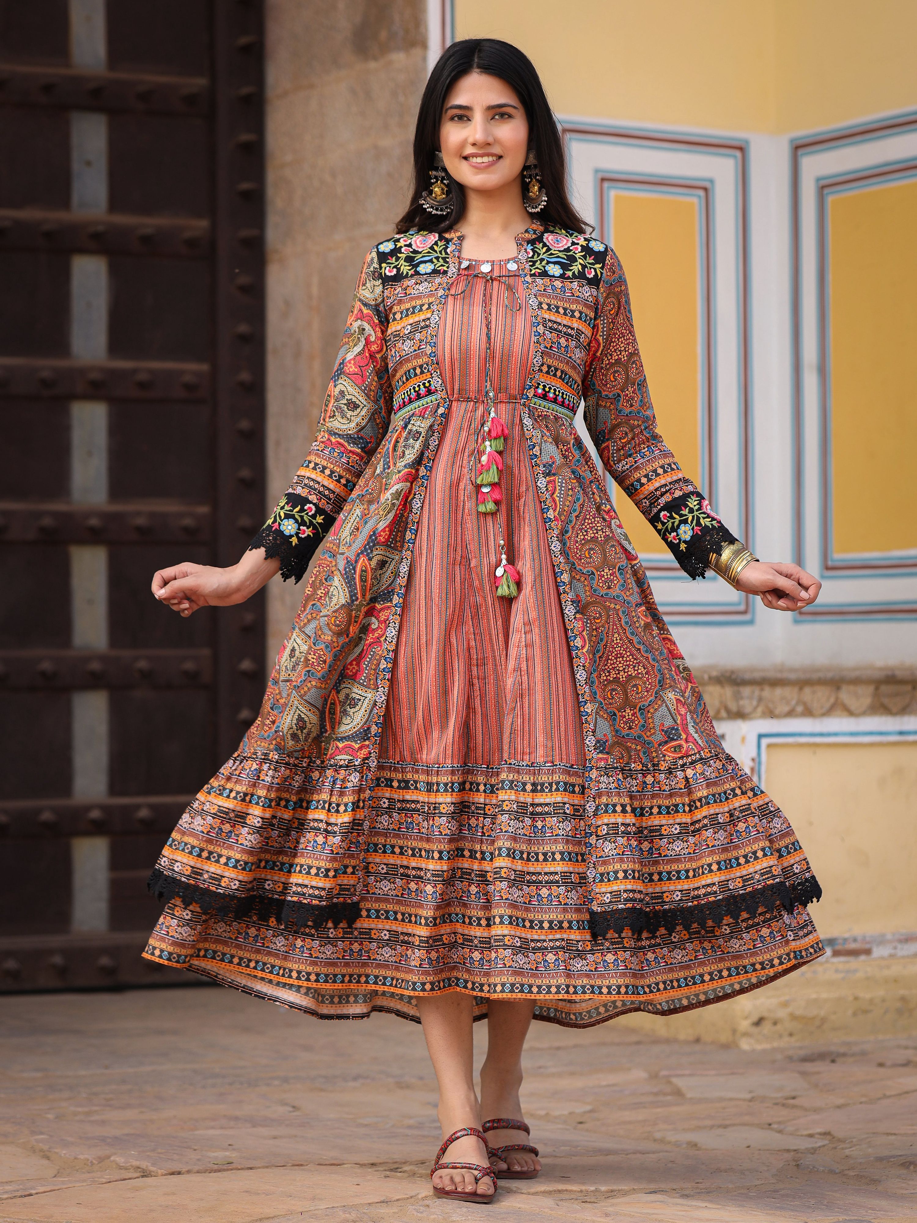 Juniper Women's Multi Colored Cotton Maxi Dress With Ethnic Motifs, Embroidered Jacket, And Long Sleeves - Distacart