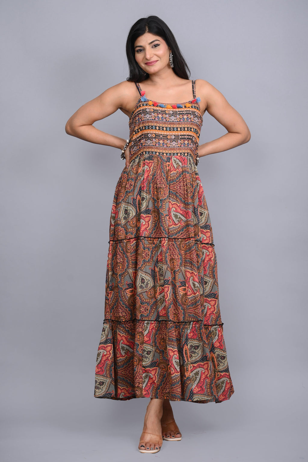 Juniper Multi Colored Cotton Ethnic Motif Maxi Dress with Shrug - Distacart