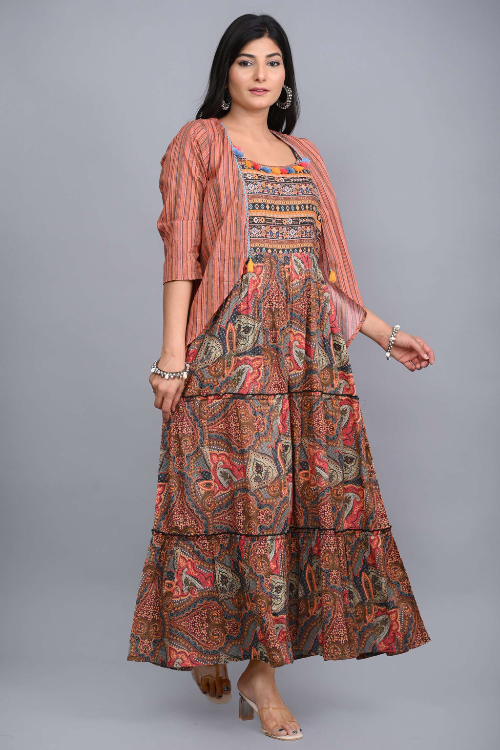 Juniper Multi Colored Cotton Ethnic Motif Maxi Dress with Shrug - Distacart