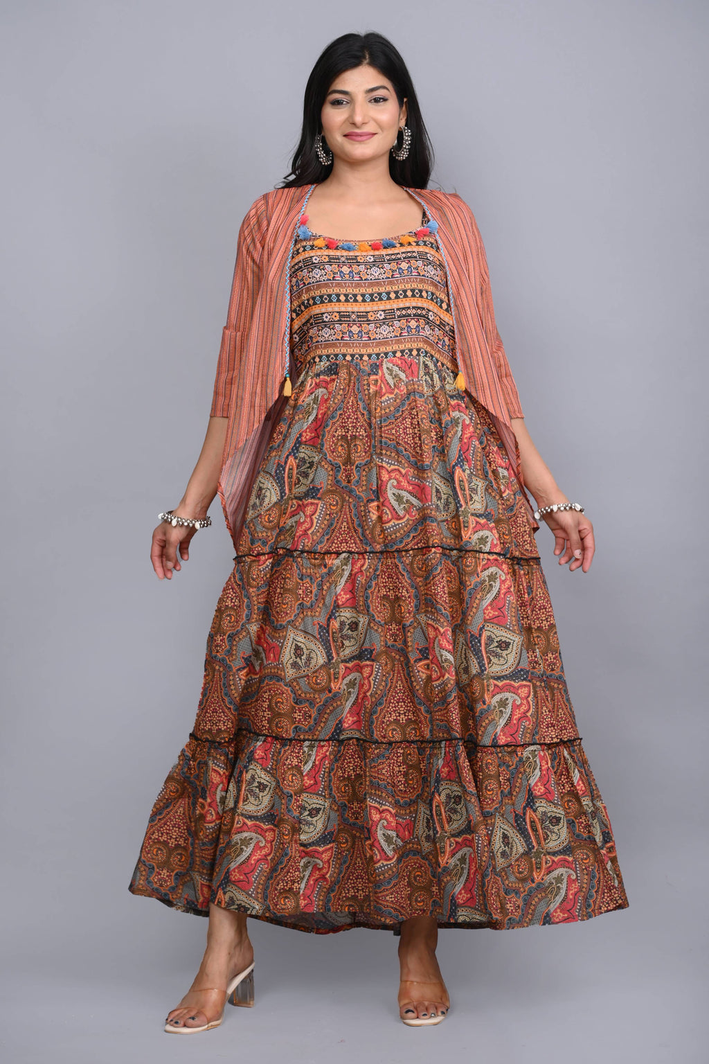 Juniper Multi Colored Cotton Ethnic Motif Maxi Dress with Shrug - Distacart