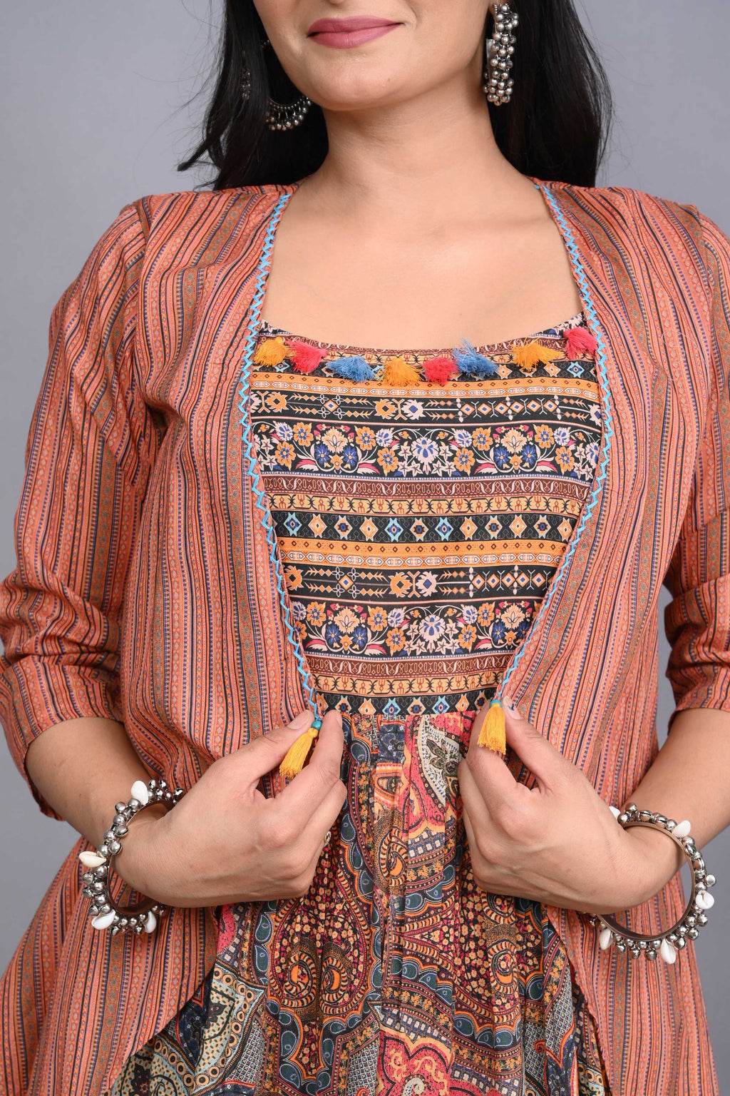 Juniper Multi Colored Cotton Ethnic Motif Maxi Dress with Shrug - Distacart