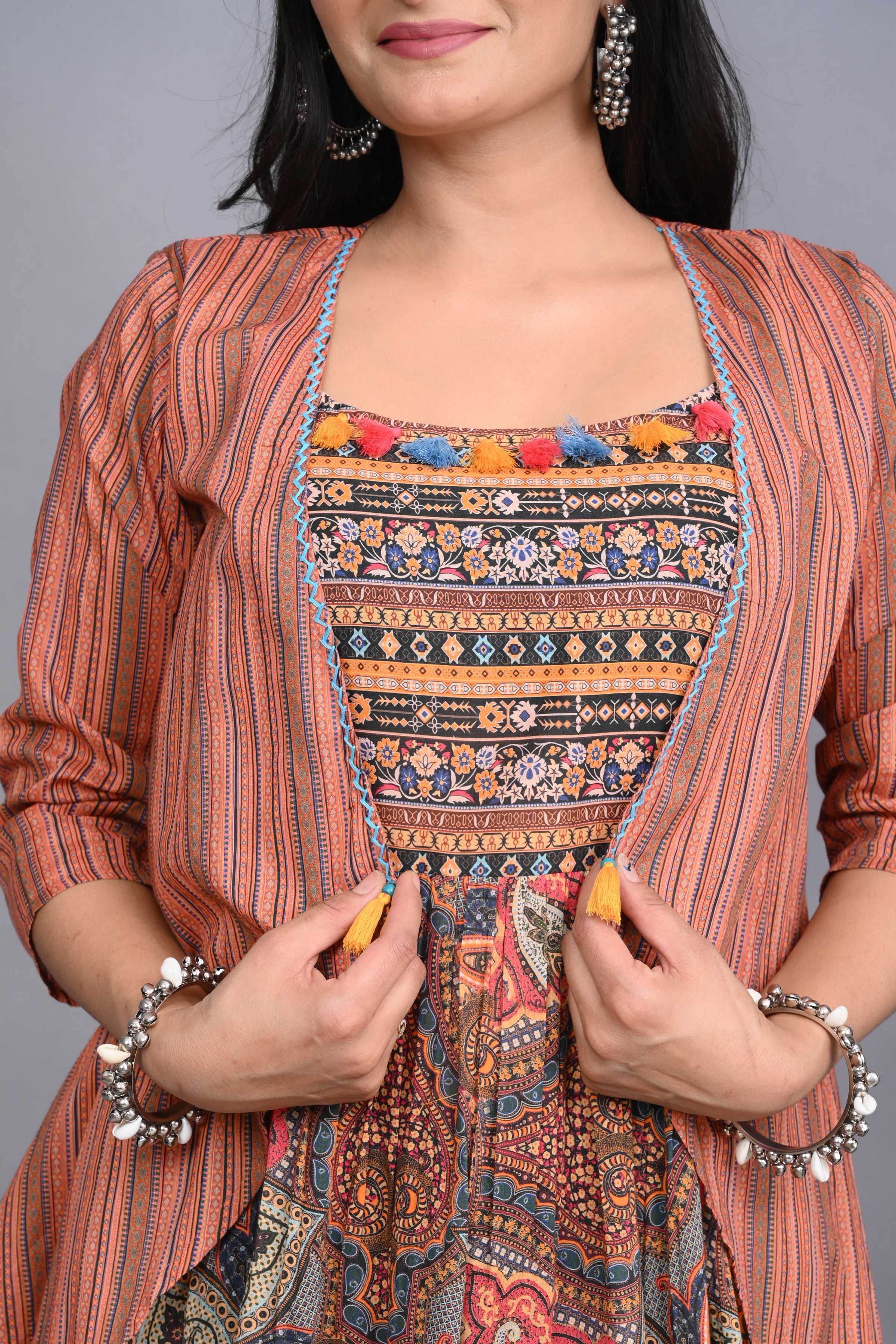 Juniper Multi Colored Cotton Ethnic Motif Maxi Dress with Shrug - Distacart