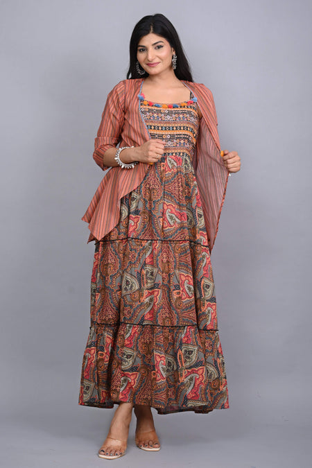 Juniper Multi Colored Cotton Ethnic Motif Maxi Dress with Shrug