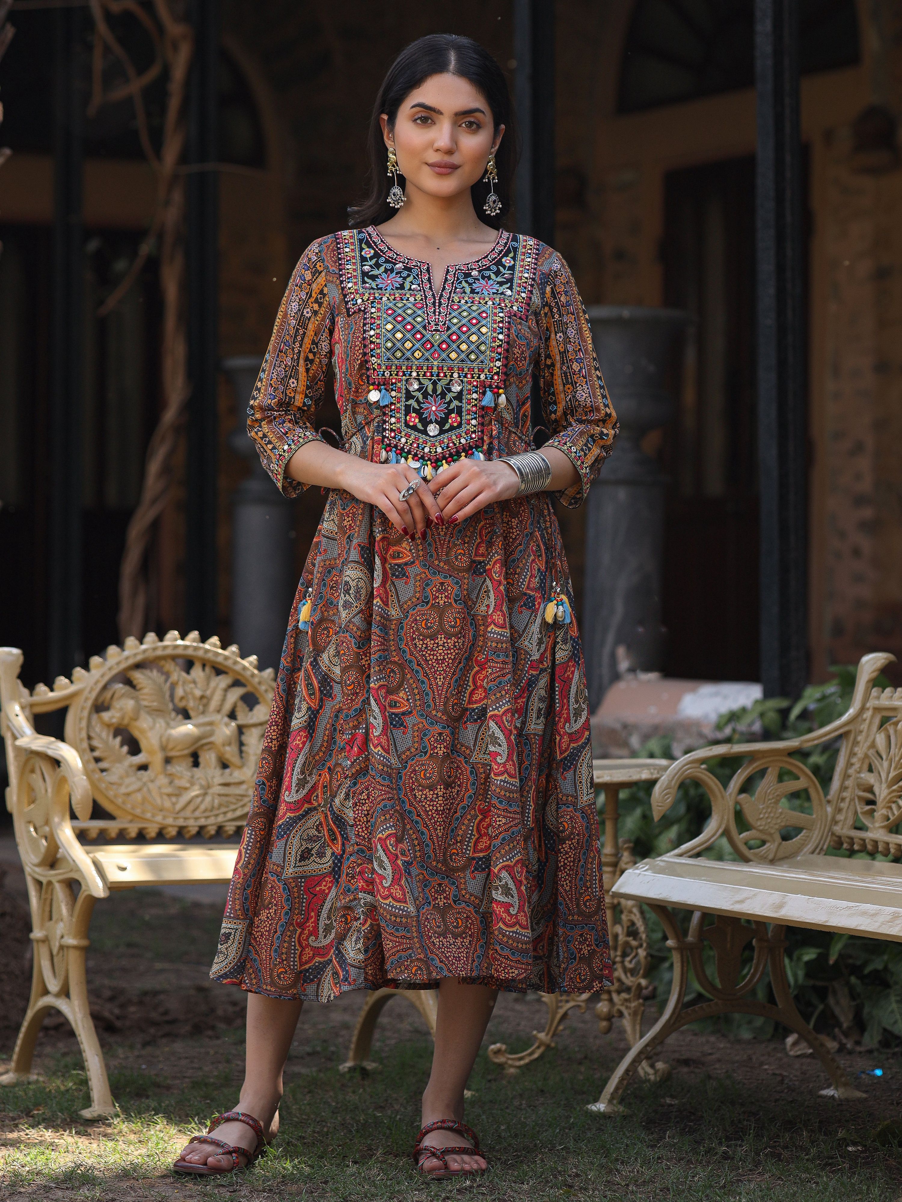 Juniper Women's Multi Colored Cotton Ethnic Motif Printed Maxi Dress with Embroidered Yoke - Distacart