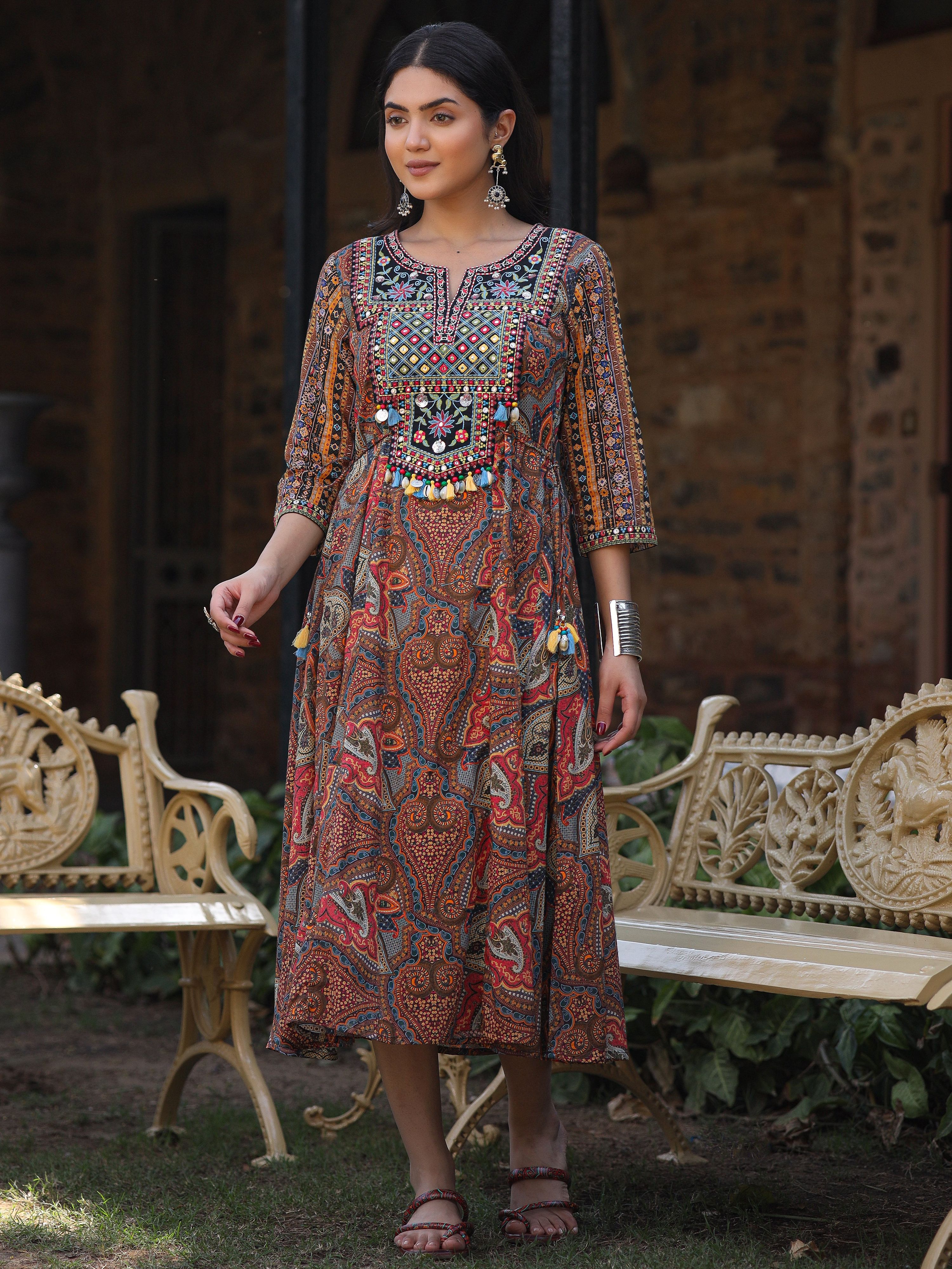 Juniper Women's Multi Colored Cotton Ethnic Motif Printed Maxi Dress with Embroidered Yoke - Distacart