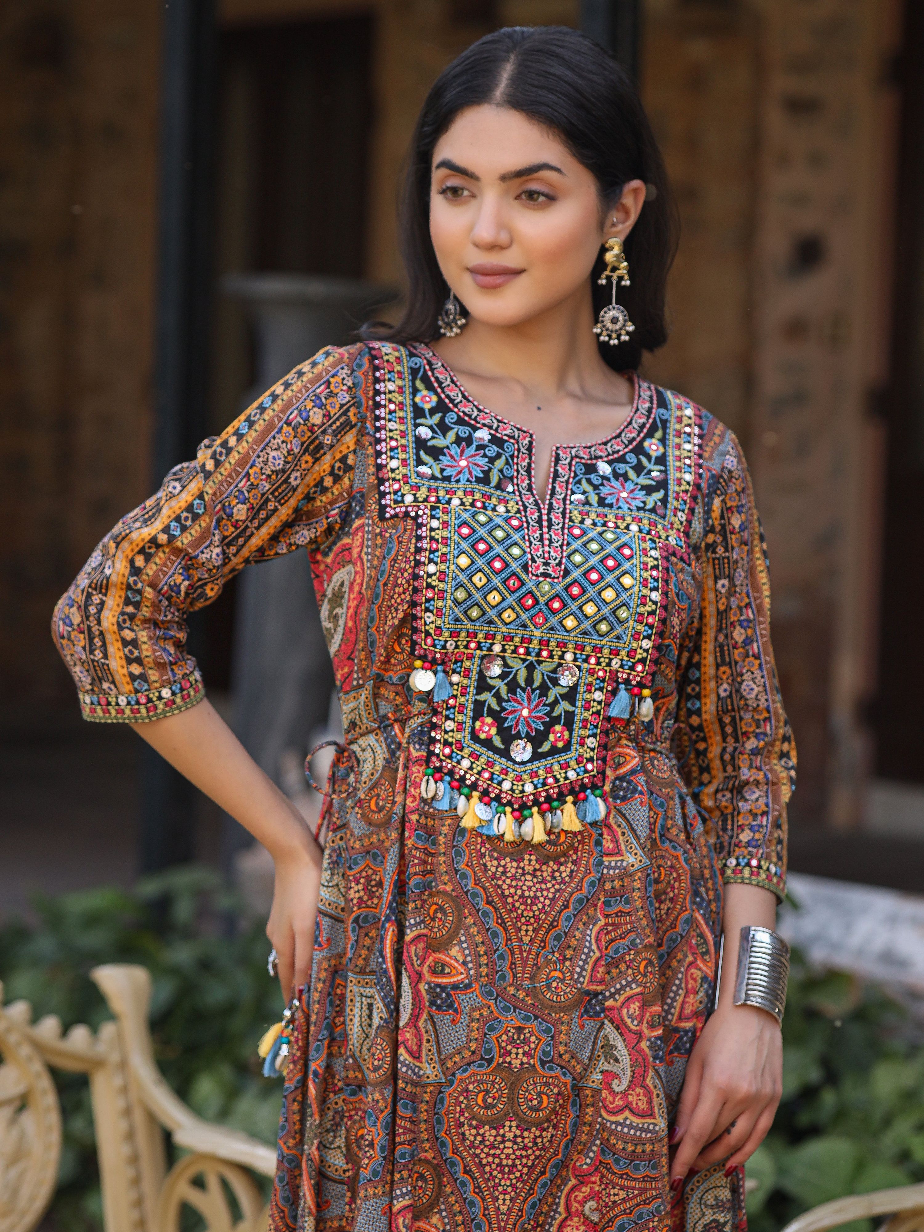 Juniper Women's Multi Colored Cotton Ethnic Motif Printed Maxi Dress with Embroidered Yoke - Distacart