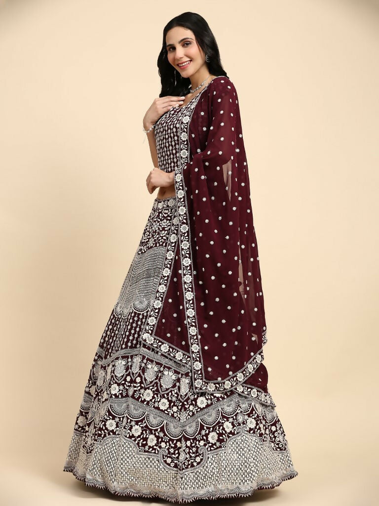 Brown Georgette Thread Embroidered Lehenga Choli with Dupatta - Tanya