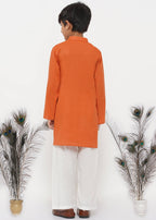 Little Bansi Boys Cotton Kesari Kurta with Pearl Buttons and Pyjama -Orange and Cream