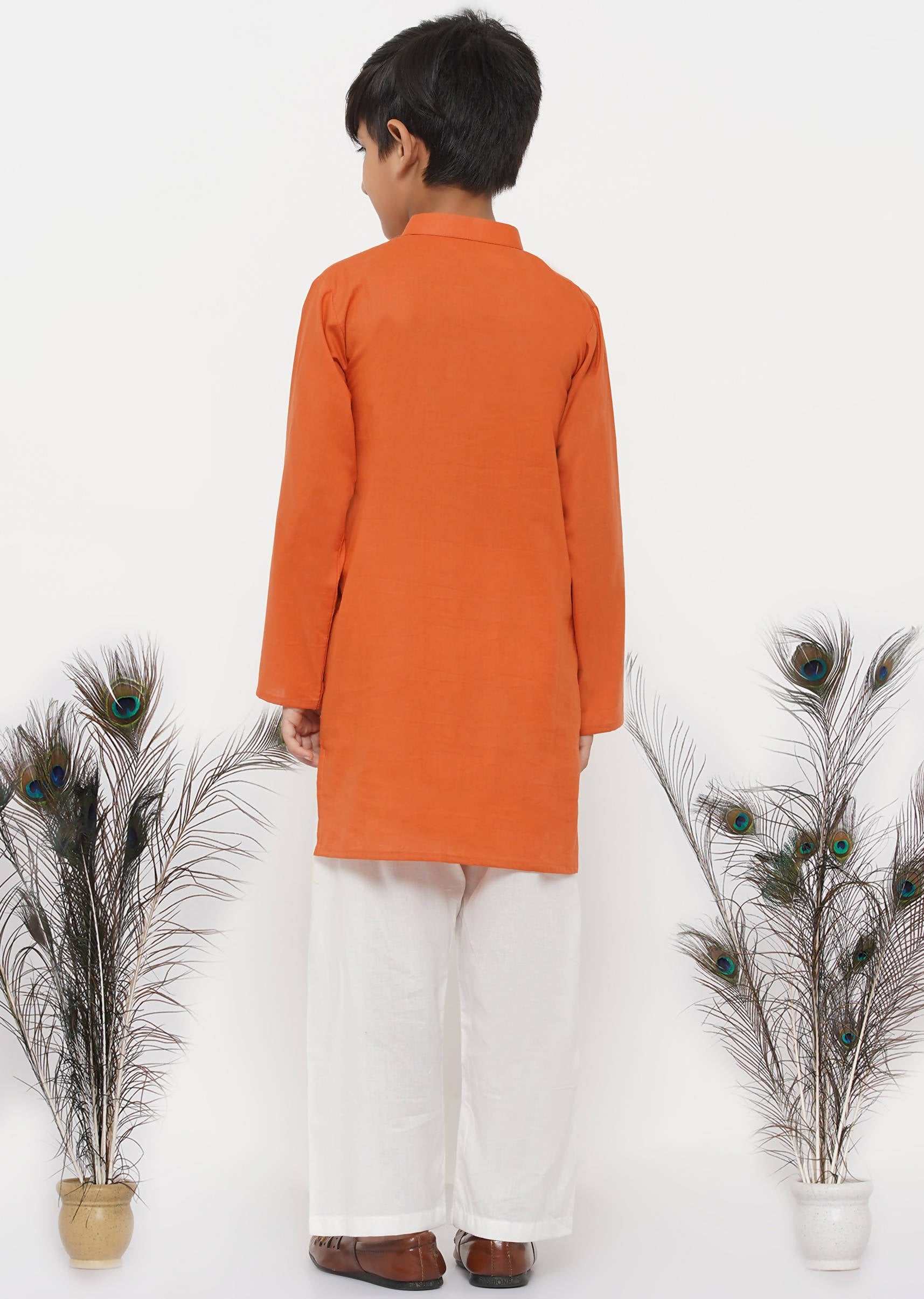 Little Bansi Boys Cotton Kesari Kurta with Pearl Buttons and Pyjama -Orange and Cream