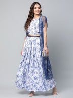 Ahalyaa Women Blue Crepe Printed Top with Skirt with Net Overlay - Distacart