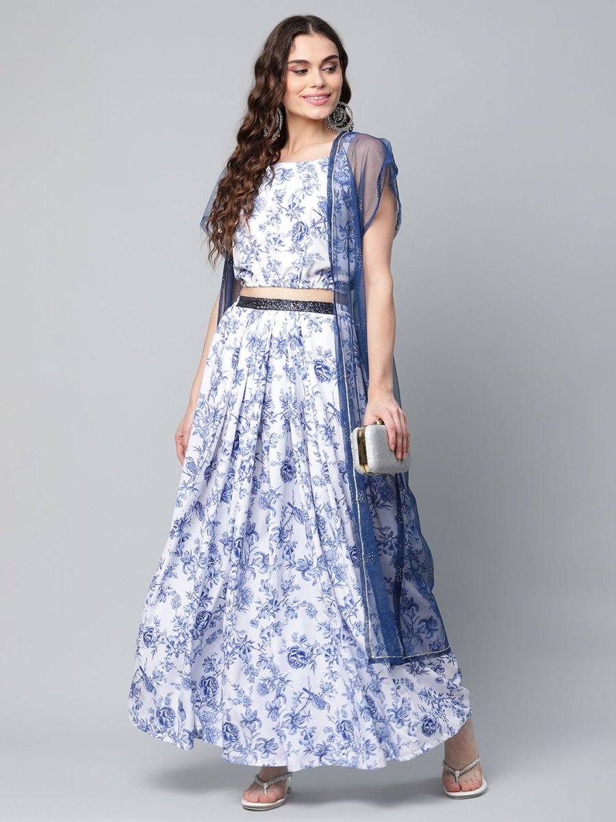 Ahalyaa Women Blue Crepe Printed Top with Skirt with Net Overlay - Distacart