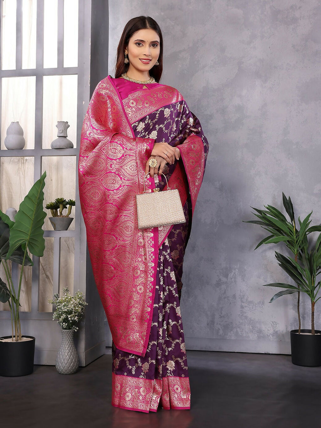 Joban Fashion Banarasi Wine Woven Soft Silk Saree - Distacart
