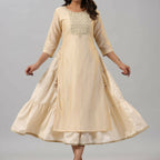 Juniper Women Gold Chanderi Printed Layered Maxi Dress with Embroidered Yoke - Distacart