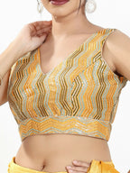 Joban Fashion Yellow Multi Silk Padded Blouse With V Neck Sleeveless - Distacart