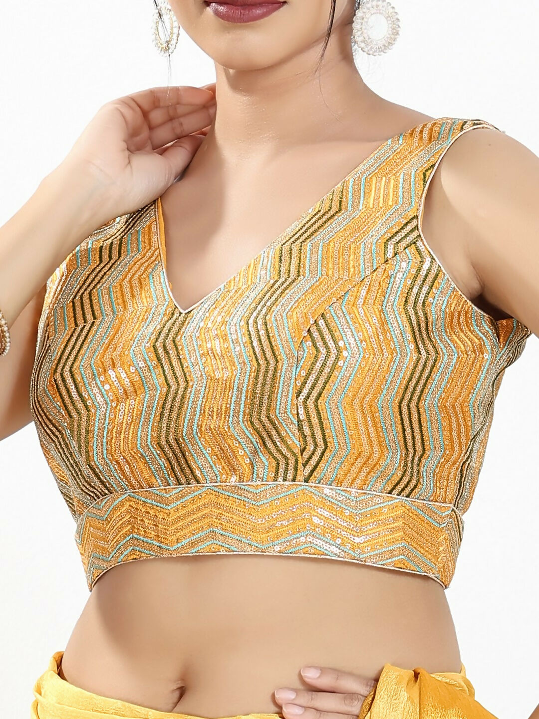 Joban Fashion Yellow Multi Silk Padded Blouse With V Neck Sleeveless - Distacart