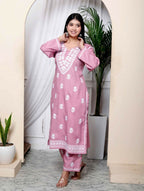Miravan Women's Chikankari Embroidery Pink Straight Kurta & Palazzo Set