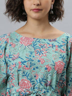 Janasya Sea Green Floral Printed Kaftan Kurta - Distacart