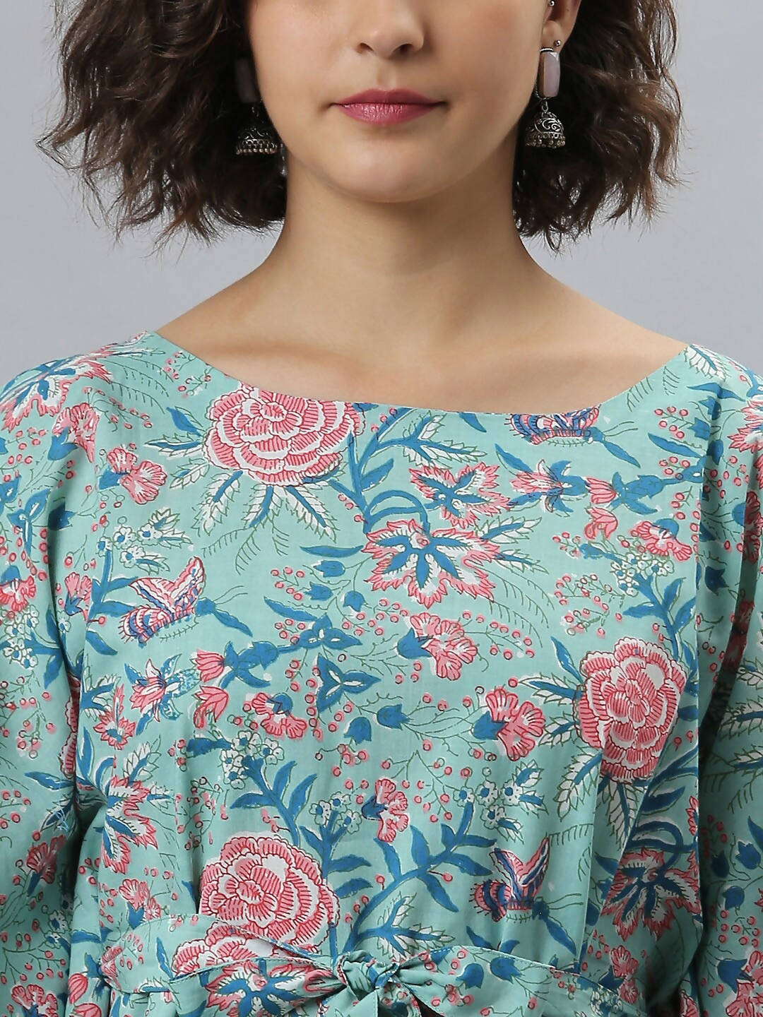 Janasya Sea Green Floral Printed Kaftan Kurta - Distacart