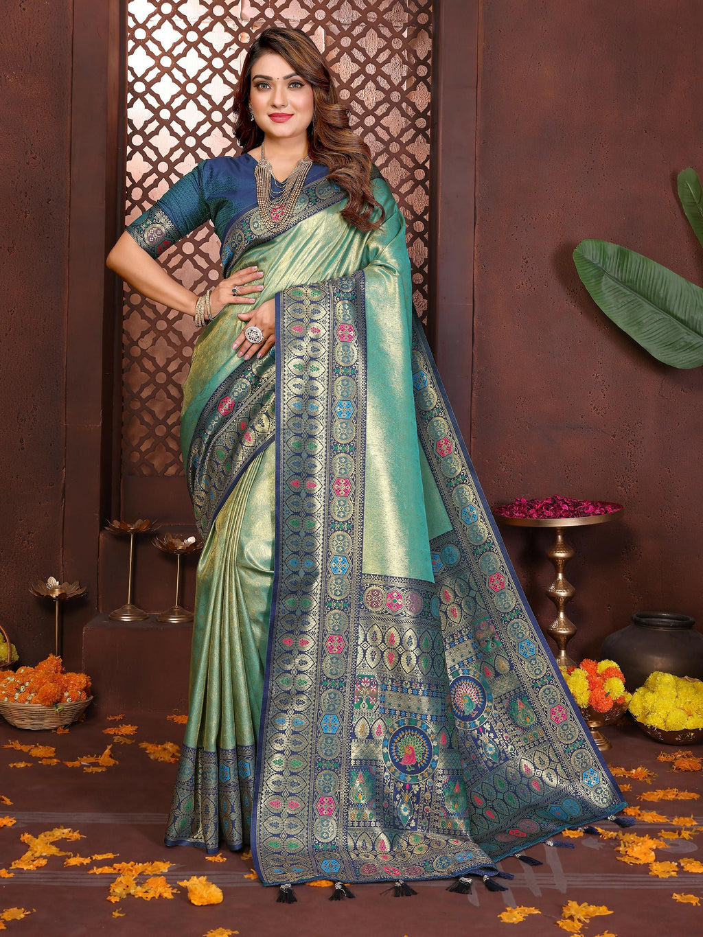 Aastha Fashion Sea Green Tissue Silk Weaving Saree - Distacart
