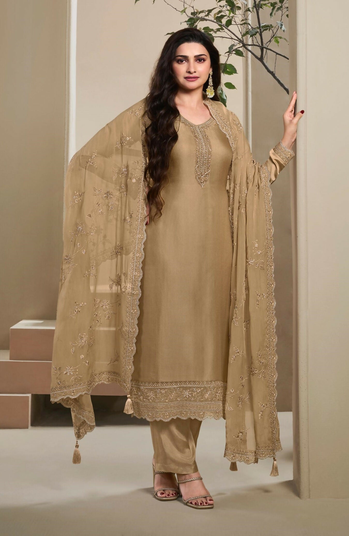 Anaita Brown Heavy Natural Crepe Stitched Suit with Embroidery & Zarkhan Work - Distacart