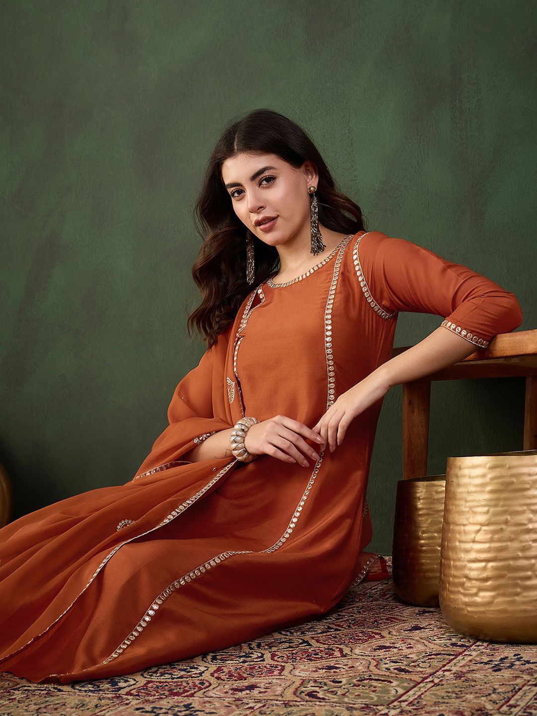 Sangria Gotta Work Embroidered A-Line Kurta & Trouser With Dupatta - Distacart