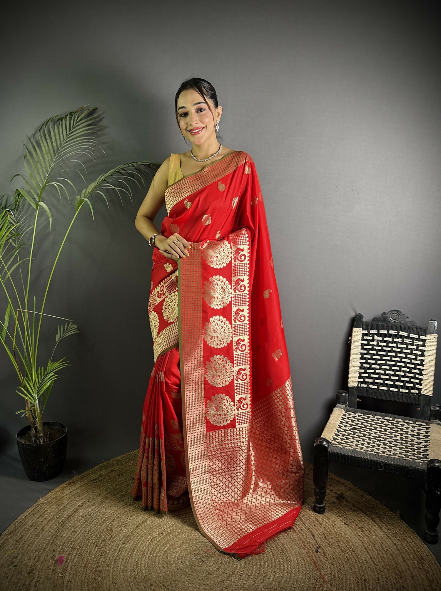 Joban Fashion Red Banarasi Soft Lichi Silk Paisley Saree - Distacart