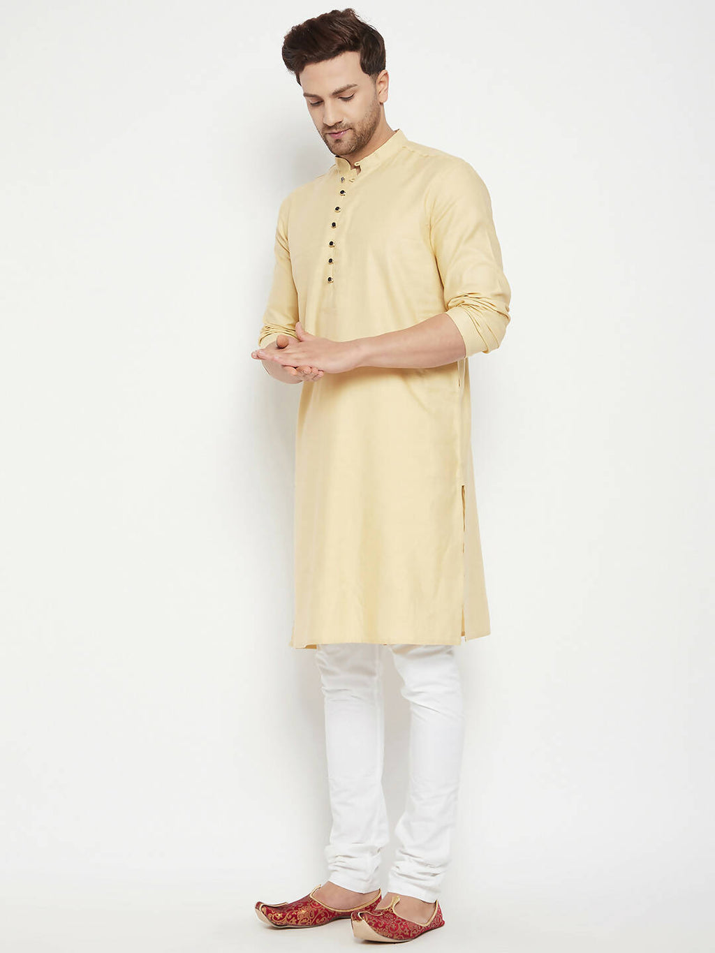 Even Apparels Beige Pure Cotton Long Men's Kurta With Band Collar - Distacart