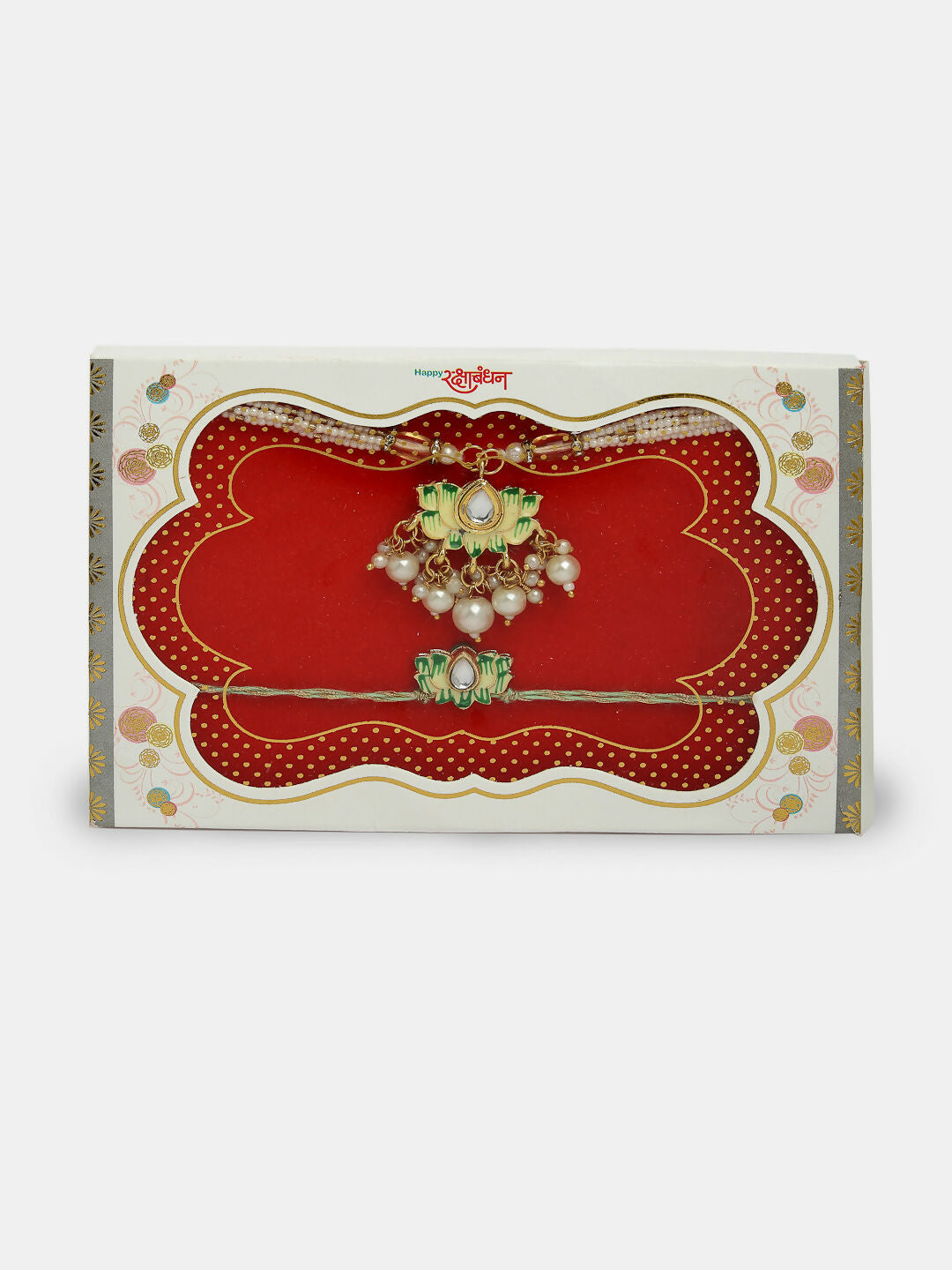 NVR Women & Men Set of 2 Green Lotus Shape Kundan-Studded & Beaded Handcrafted Wraparound Rakhi Set With Roli Chawal - Distacart