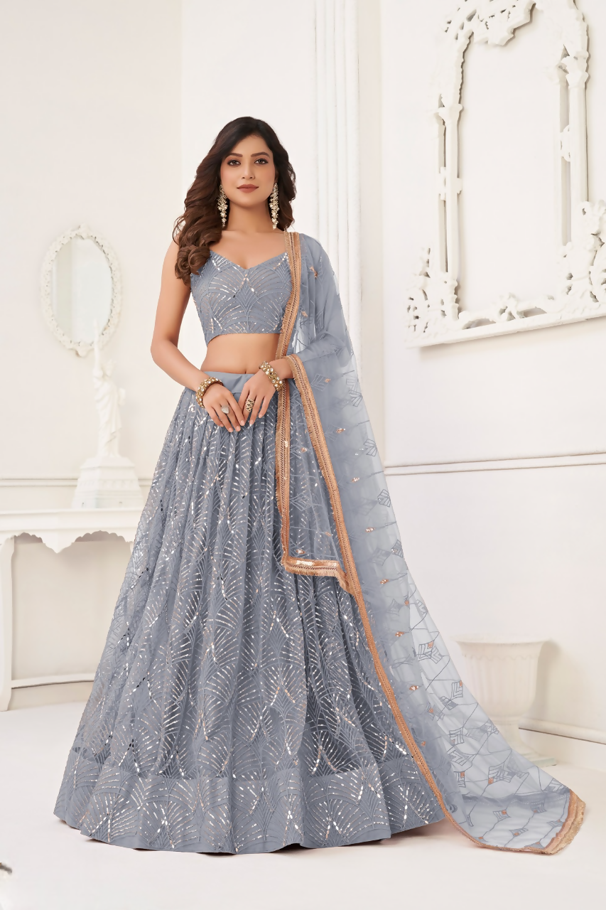 Eilara Glamorous Light Grey Net With Sequins And Thread Embroidery Real Mirror Work Lehenga Choli For Wedding