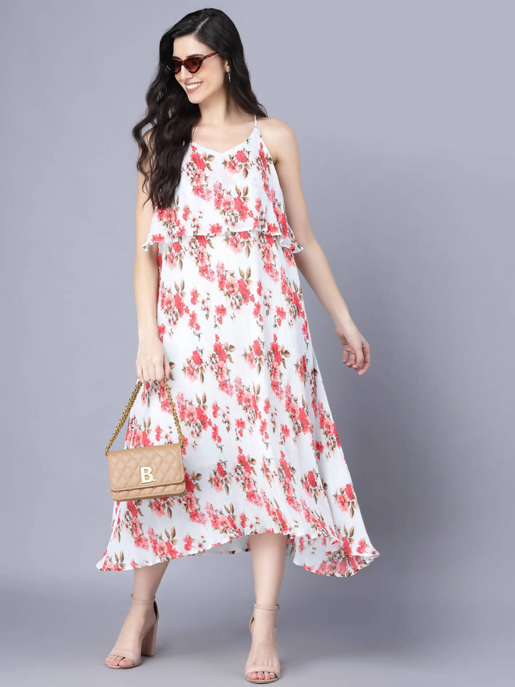 Myshka White Red Floral Layered Midi Dress - Distacart