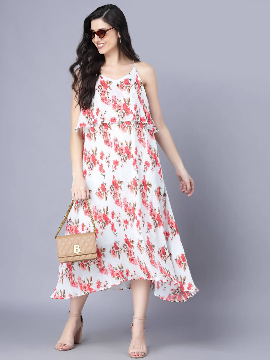 Myshka White Red Floral Layered Midi Dress - Distacart