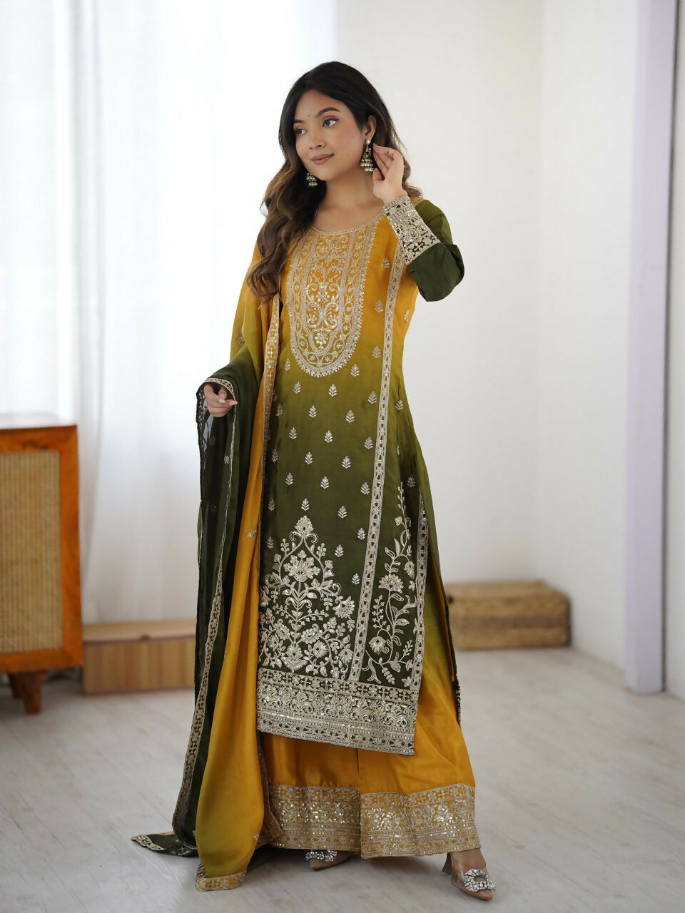 The52 Women's Gorgeous Chinon silk Fabric Embroidery Work Straight Kurta Palazzo and Dupatta Set - Distacart