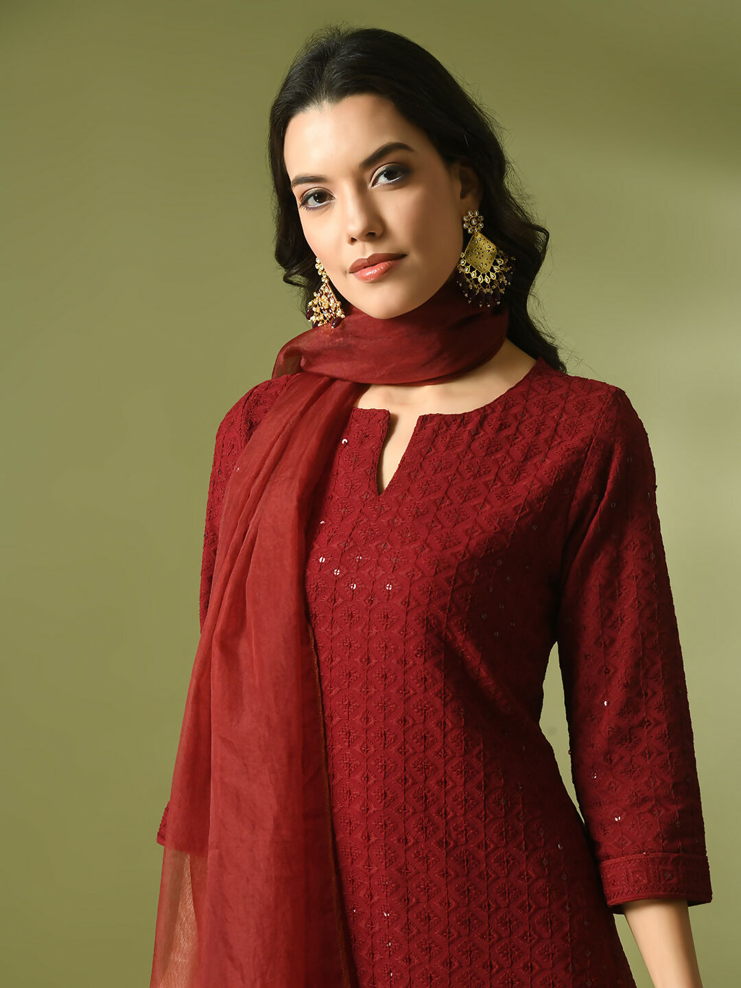 Myshka Women's Maroon Embroidered Cotton Straight Party Kurta Set With Dupatta