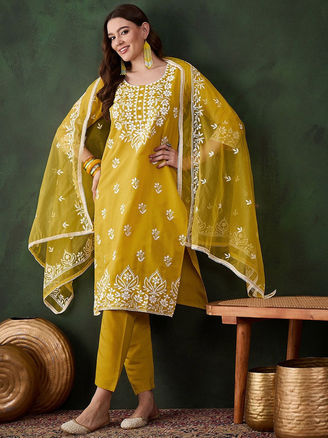 Sangria Mustard Yellow Floral Embroidered Thread Work Kurta & Trouser With Dupatta