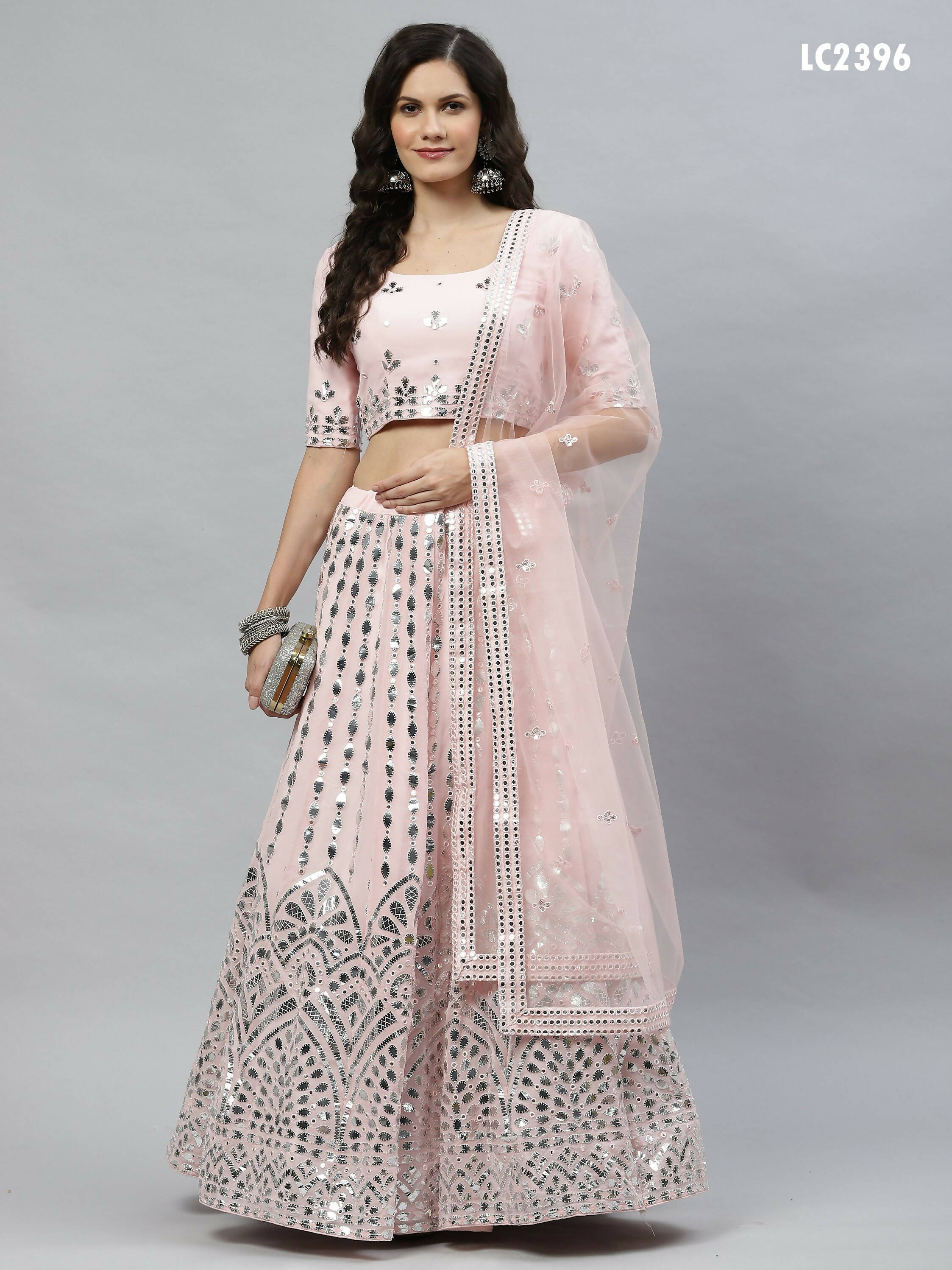 Pink Georgette Paper Mirror Embroidery Work Lehenga Choli with Dupatta - Jivika