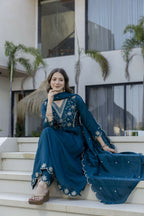 The52 Women's Beautiful Embroidery Work Vichitra Silk Fabric Flared Anarkali Pant and Dupatta Set - Distacart