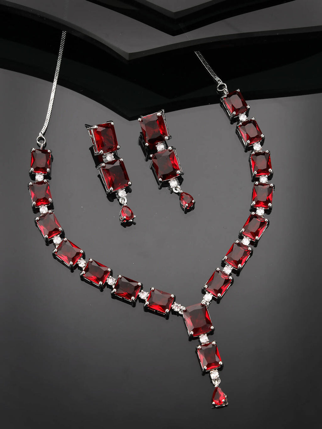 NVR Women Silver Plated & Maroon Cz Stone Handcrafted Jewellery Set