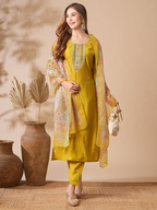 The52 Women's Beautiful Viscose Chanderi Fabric Embroidery Work Straight Kurta Pant and Dupatta Set - Distacart