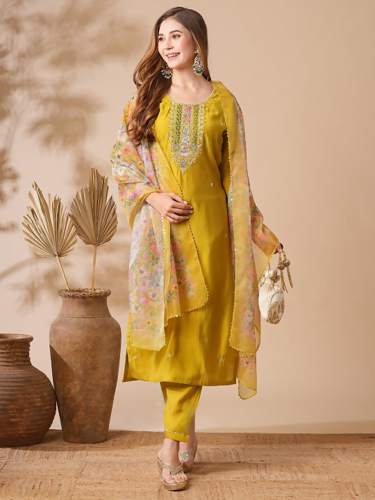 The52 Women's Beautiful Viscose Chanderi Fabric Embroidery Work Straight Kurta Pant and Dupatta Set - Distacart