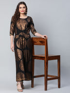 Ahalyaa Womens Black Crepe Copper Foil Printed Jumpsuit