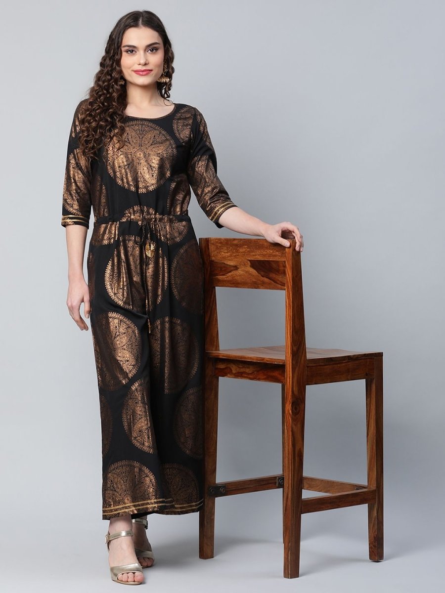 Ahalyaa Womens Black Crepe Copper Foil Printed Jumpsuit