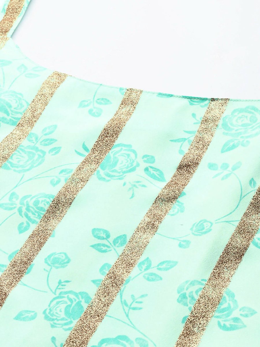 Ahalyaa Blue & Gold Floral Printed & Striped Straight Kurti with Sharara - Distacart