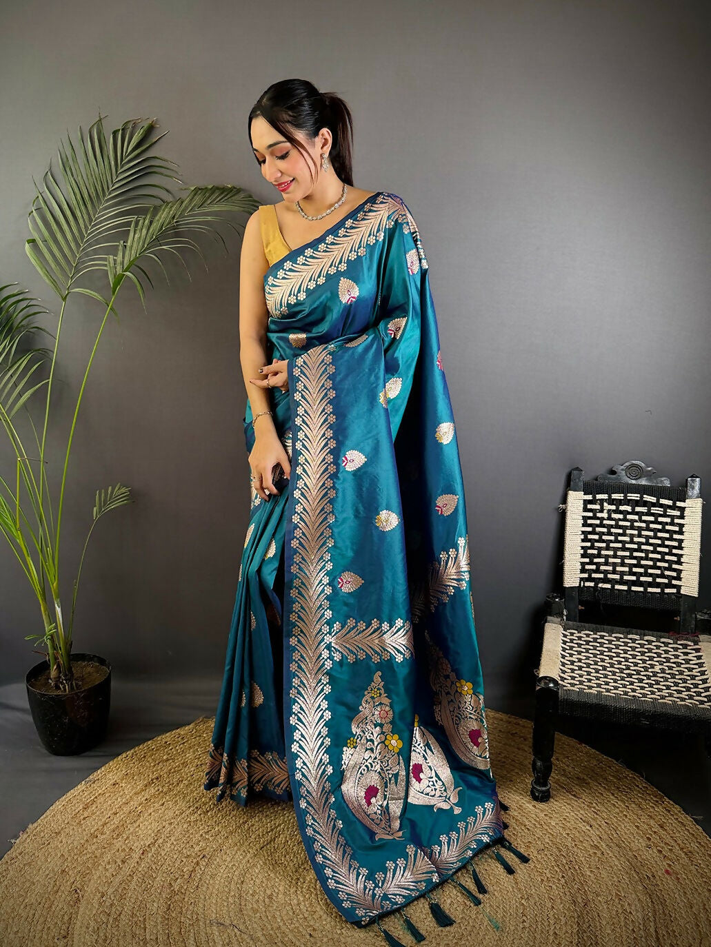 Joban Fashion Banarasi Sea Blue Woven Soft Silk Saree - Distacart