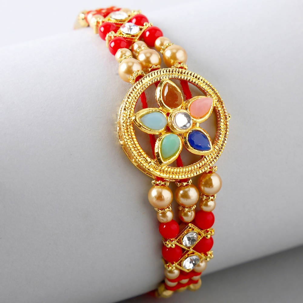 Flower Design Kundan Rakhi And Almonds Jar - Distacart