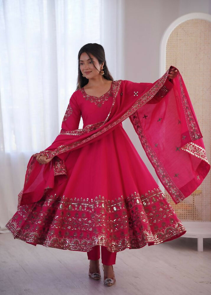 Teeya Creation Pink Roman Silk Embroidery Work Party Wear long Gown - Distacart