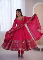 Teeya Creation Pink Roman Silk Embroidery Work Party Wear long Gown - Distacart