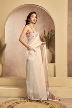 Vastranavya Off White Digital Printed Linen Ready To Wear Pocket Saree with Unstitched Blouse - Distacart