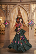 Green Viscose Rayon Thread Embroidered Work With Mirror All Over Navratri Lehenga Choli With Dupatta - Raas