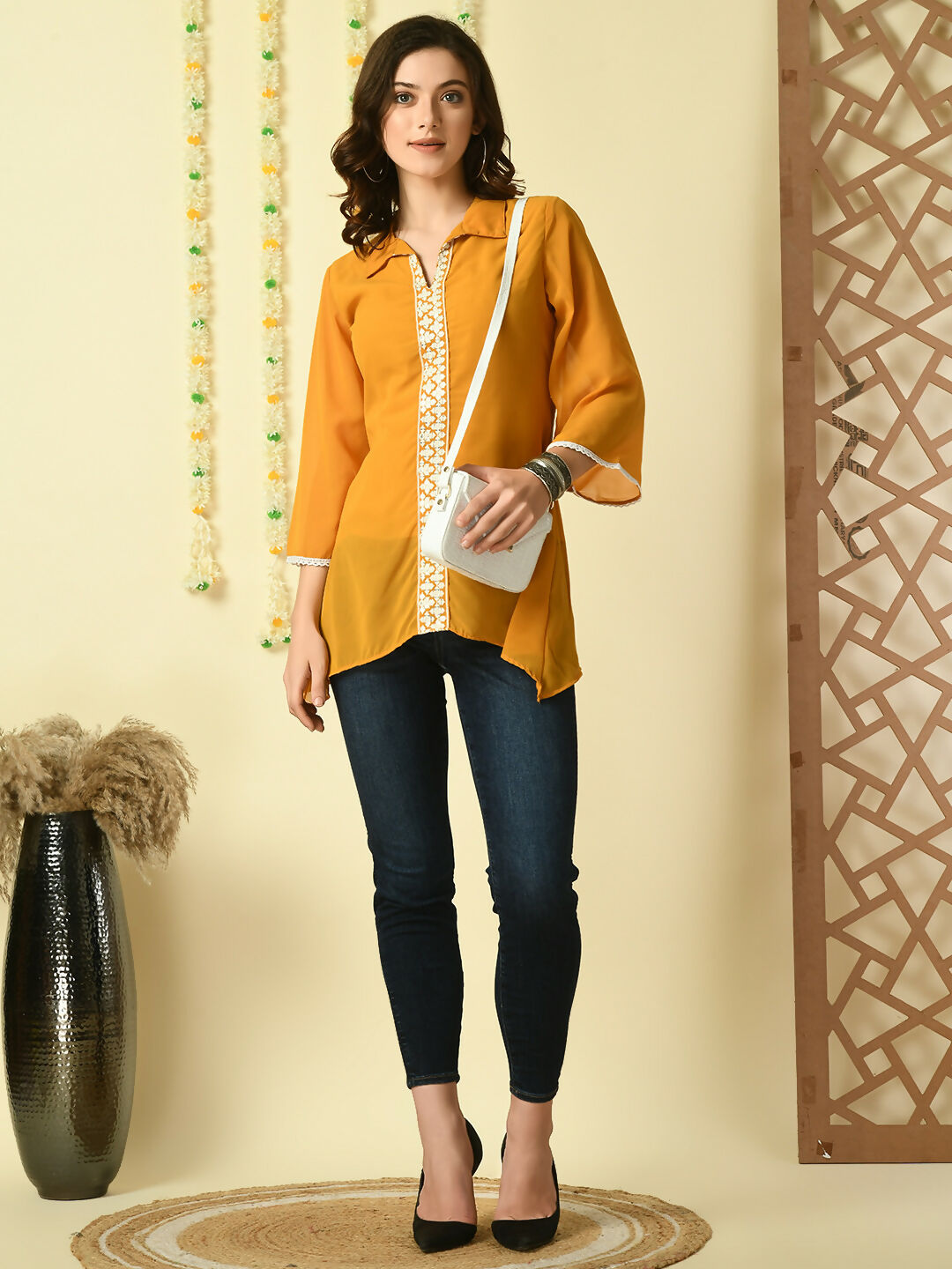 Myshka Women's Mustard Embroidered Party Fusion Top
