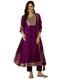 The52 Wine Women's Gorgeous Embroidered Work Vichitra Silk Fabric Flared Kurta Pant and Dupatta Set - Distacart